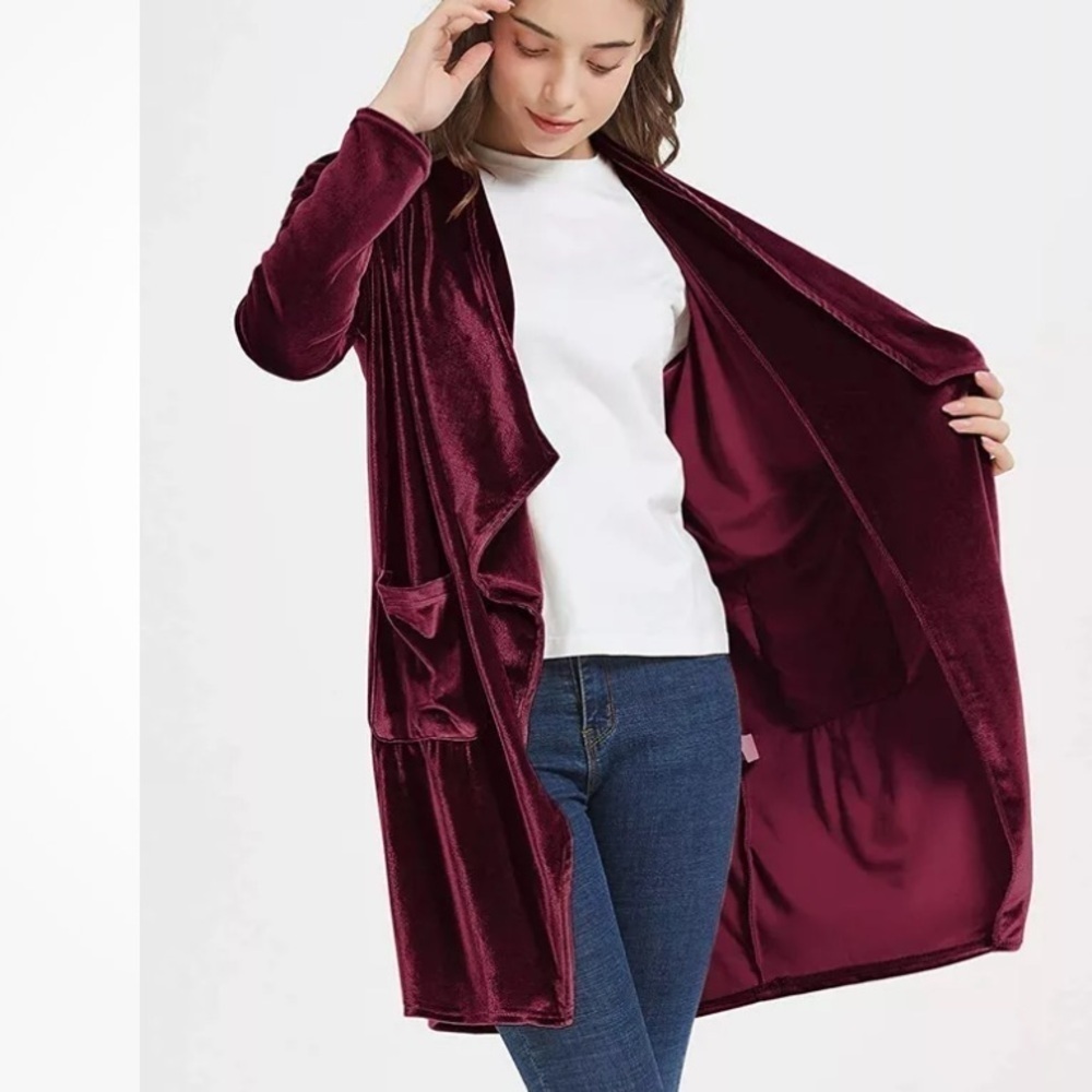 FUTURINO Burgundy Velour Waterfall Cardigan Open Front Pockets Size M - Picture 4 of 6